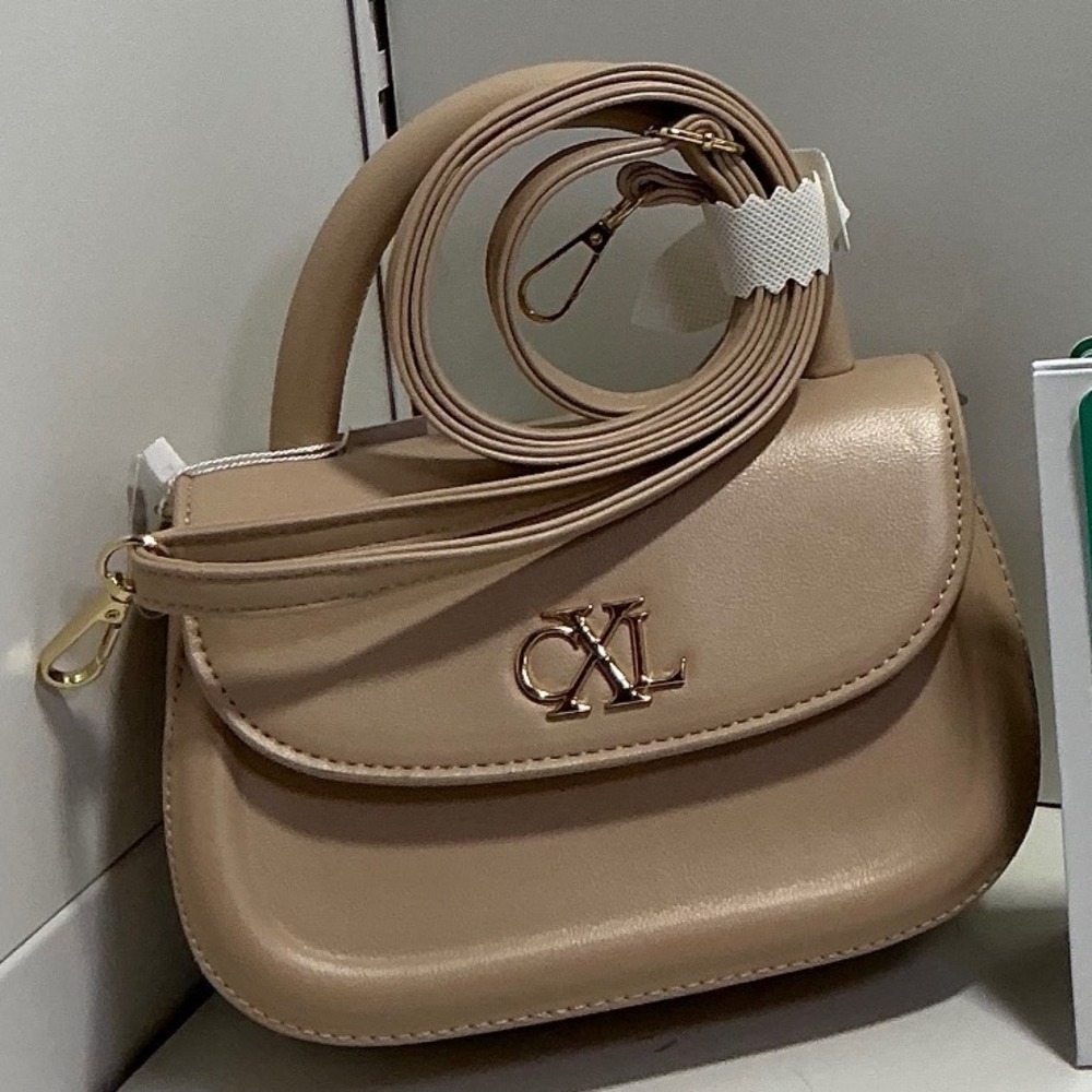 CXL by Christian Lacroix Tan Faux Leather Top Handle Crossbody Bag Gold Logo
